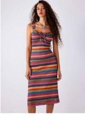 Cider Crochet Mesh Ruched Striped Midi multicolor Dress Side Slit